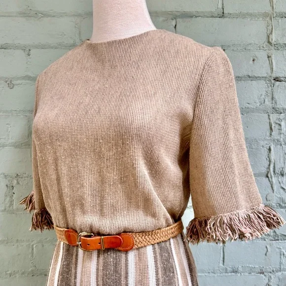 Vintage Woven Beige Striped Knit Midi Dress with Fringe - Picture 3 of 9
